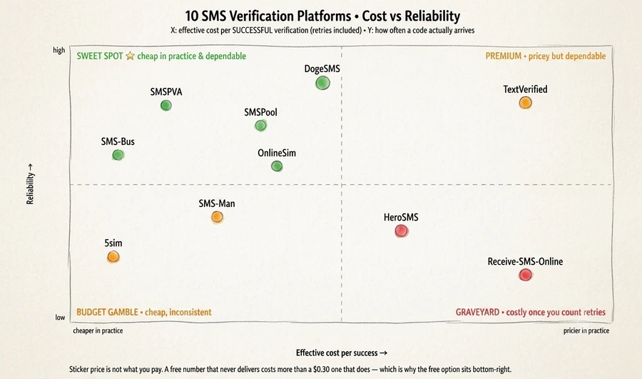 SMS Verification Platform Positioning — Price vs Reliability quadrant chart