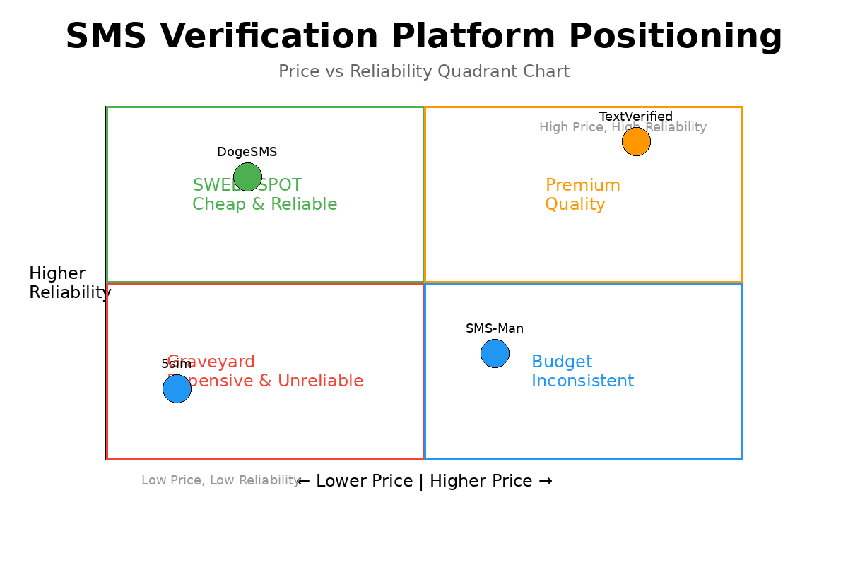 SMS Verification Platform Positioning — Price vs Reliability quadrant chart showing 10 platforms, with DogeSMS in the best-value quadrant
